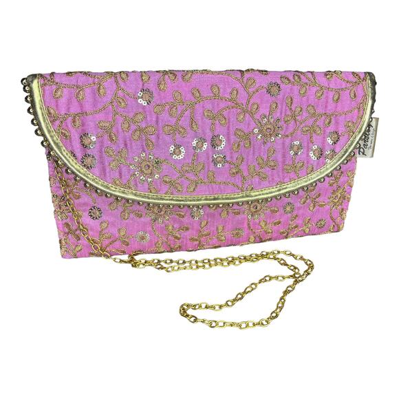 Parsley Clutch Purse Crossbody Pink & Gold Chain Crossbody Handbag Sequins 10.5" - Picture 1 of 4